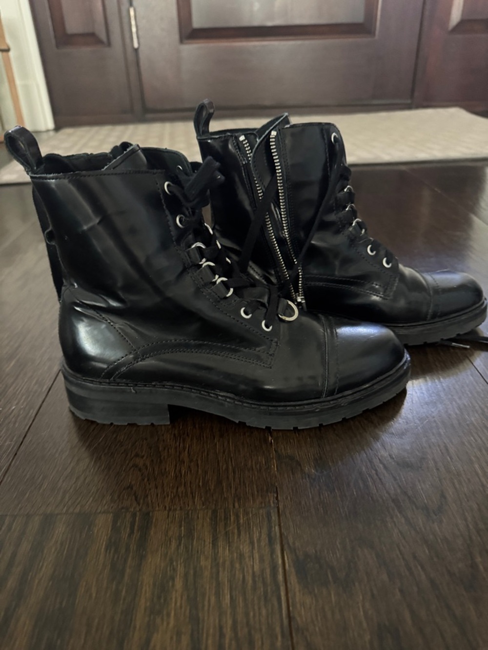 All Saints Black Leather Lace-Up Combat Boots with Side Zipper